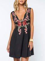 Sexy Floral Embroidered Sleeveless Deep V Mini Dress For Women