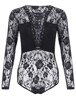 Sexy Floral Lace Patchwork See-through Criss-cross Long Sleeve Women Jumpsuit