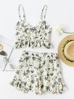 Sexy Floral Print Pleated Cami V-neck Backless Suit For Women