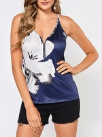 Sexy Floral Print Zipper V-neck Spaghetti Strap Women Tank Tops