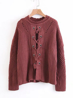 Sexy Front Drawstring O-Neck Long Sleeve Women Sweaters
