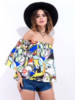 Sexy Graffiti Printing Off-shoulder Horn Sleeve Women Blouse