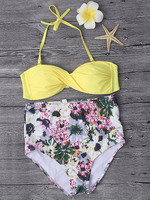 Sexy Halter Floral Multiple Patterns Bowknot High Waist Wireless Bikinis Sets For Women