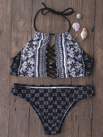 Sexy High Neck Halter Brazilian Retro Printed Floral Padding Wireless Split Bikinis