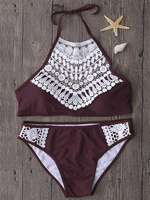 Sexy High Neck Hollow Out Crochet Lace Mesh Set Padded Crop Top Bikinis For Women