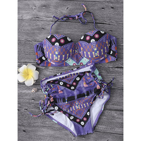 Sexy High Waisted Hollow Lace Up Backless Printed Bikinis Swimwear