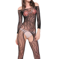 Sexy Hollow Out Zebra-stripe Mesh Open Crotch Off Shoulder Temptation Bodystocking For Women