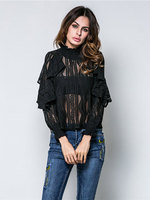 Sexy Lace Print See-through Flouncing Long Sleeve Women T-shirts