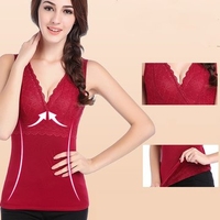 Sexy Lace-trim V Neck Breathable Vest Thicken Keep Warm Shapewear For Women