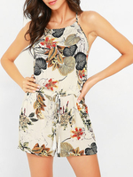 Sexy Leaves Print Backless Cross Strap O-neck Women Jumpsuits