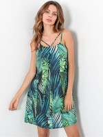 Sexy Leaves Print Loose Spaghetti Strap O-neck Mini Dresses