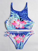 Sexy Lotus Pattern High-necked Backless Multi Rope Strap Vest Split Bikinis For Women