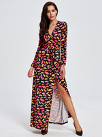Sexy Printed Deep V-Neck Long Sleeve Women Slit Maxi Dresses