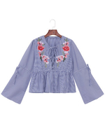 Sexy Stripe Floral Embroidered Criss-cross Long Sleeve Women Blouses