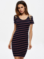 Sexy Stripe Hollow Short Sleeve O-neck Mini Dress For Women