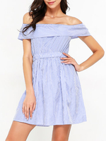 Sexy Stripe Off-shoulder Backless Flouncing Short Sleeve Mini Dresses