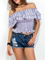 Sexy Stripe Off Shoulder Flouncing Elastic Short Sleeve Women Blouses
