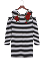 Sexy Striped Off Shoulder Flower Embroidery A-Line Women Dresses
