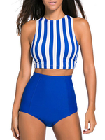 Sexy Striped Printed Back Zipper High Waist Wireless Tankinis Sets For Women