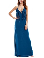 Sexy Tassels Hollow Backless Deep V Halter Women Maxi Dress