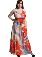 Sexy V-neck Sleeveless Printed Elastic Waist Bohemian Dresses