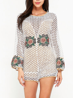Sexy Women Backless Lace Embroidery Flare Sleeve Jumpsuits