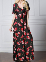 Sexy Women Floral Print Deep V Short Sleeve Maxi Dress
