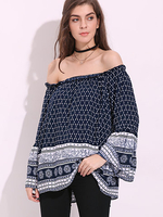 Sexy Women Floral Printed Flounce Long Sleeve Slash Neck Top