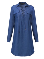 Sexy Women Long Sleeve V-Neck Lace Up Denim Mini Dresses