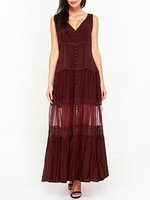 Sexy Women Sleeveless V-Neck Patchwork Lace Dresses