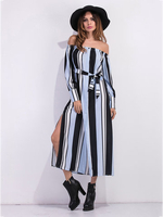 Sexy Women Striped Off Shoulder Split Long Party Dress