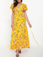 Sexy Women V-Neck Rufflle Short Sleeve Floral Print Dresses