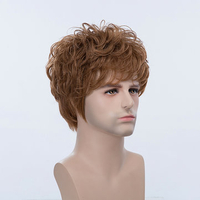 Short Brown Man Curly Human Hair Wigs Short Mono Top Male Virgin Remy Capless Side Bang