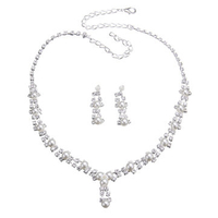 Simple Bridal Full Rhinestone Jewelry Artificial Pearl Necklace Earrings Set