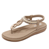 SOCOFY Metal Beaded Bohemia Clip Toe Elastic Flat Sandals