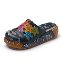 Socofy Original Leather Butterfly Print Silppers Flower Platform Retro Sandals