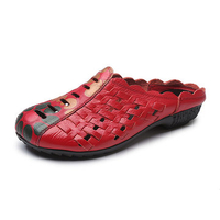 SOCOFY Printing Handmade Knitting Genuine Leather Backless Slippers
