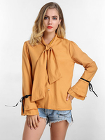 Solid Bow Tie Flare Sleeve Blouse