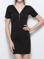 Solid Deep V Short Sleeve Back Zipper Women Dresses