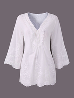 Solid Embroidery Lace Patchwork Half Sleeve Women T-Shirts