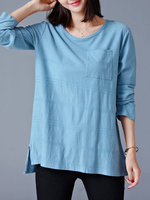 Solid Pocket Side Split Irregular Hem Long Sleeve Tops