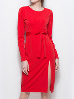 Solid Sexy Long Sleeve O Neck Side Slit Women Dresses