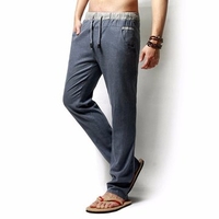 Spring Summer Mens Linen Solid Color Loose Long Trousers Flax Leisure Pants