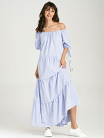 Stripe Off-shoulder Pleated Tie 3/4 Sleeve Maxi Dress For Women