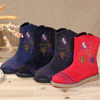 Stripe Spider Ankle Zipper Embroidery Flat Vintage Boots