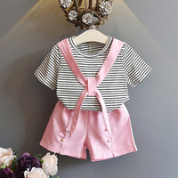 Stripe Tie O-neck Short Sleeve T-shirt With Shorts Suit For Kids Girl