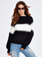 Striped Lantern Sleeve Stand Collar Knitted Sweaters