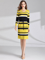 Striped Drawstring Pencil V-Neck Long Sleeve Knit Dress