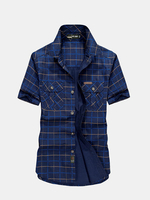 Summer Casual Loose Fit Checks Printing Cotton Turndown Short Sleeve Cargo Shirts For Men