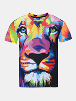 Summer Casual Tee Top 3D Colorful Cute Lion Printed Round Neck Short sleeve T-shirt for Men